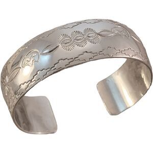 Belinda Woody Sterling Silver Navajo Stamped Wide Cuff Bracelet